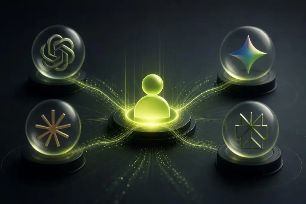 Glowing central user icon connected to glass spheres displaying AI platform symbols