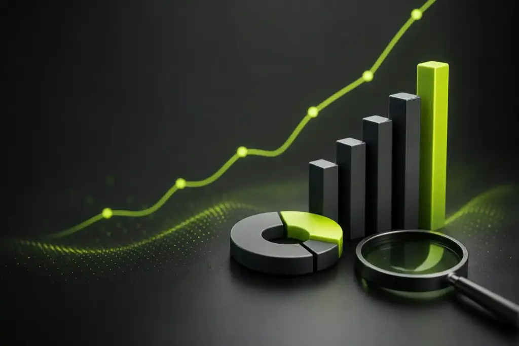 Rising bar and line charts with a pie chart and magnifying glass, illustrating analytics measurement