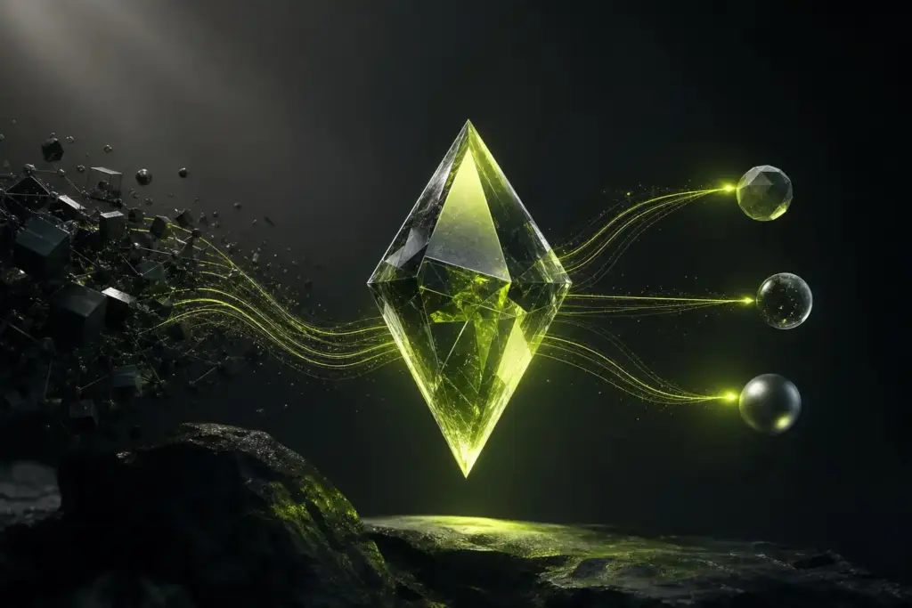 Glowing faceted crystal floating above a dark rocky surface, with green energy lines connecting to spheres