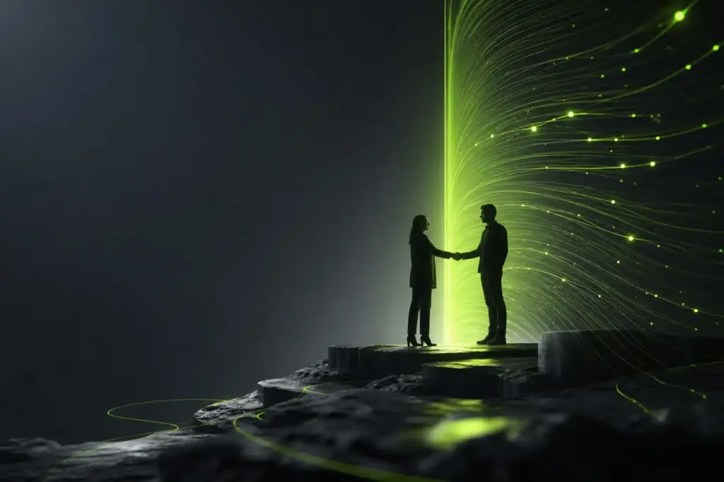 Two silhouetted people shaking hands before a glowing green field of flowing data lines