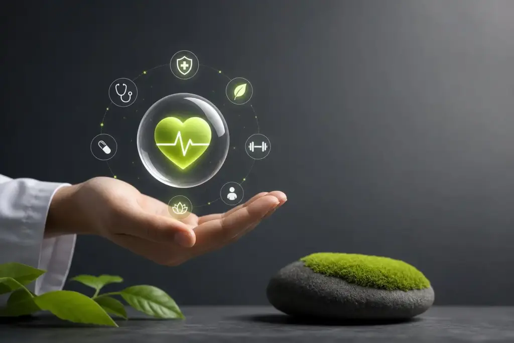 Hand holding a glowing heart-health icon surrounded by wellness symbols, beside a moss-covered stone