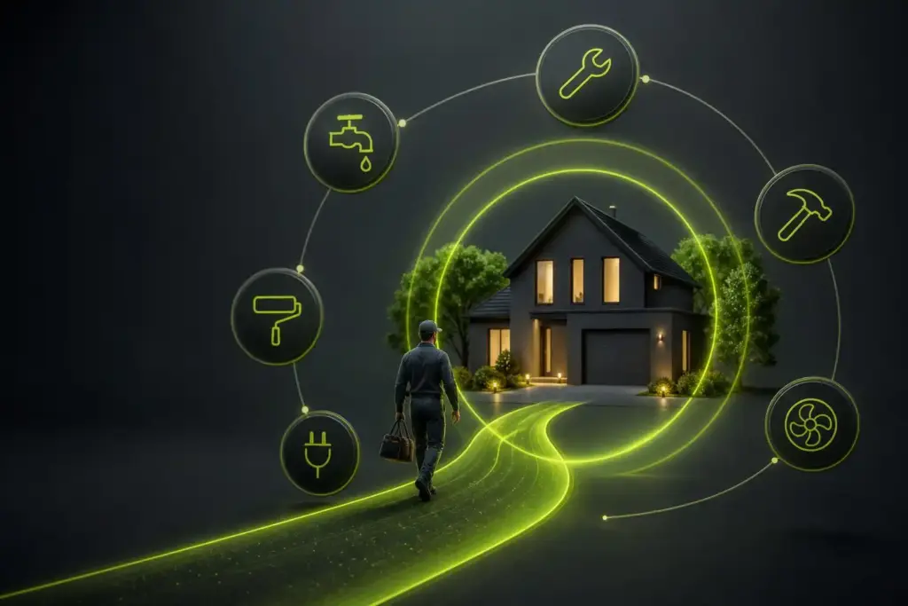 Homeowner walking toward a modern house, surrounded by glowing home-service tool icons and AI-style circuits