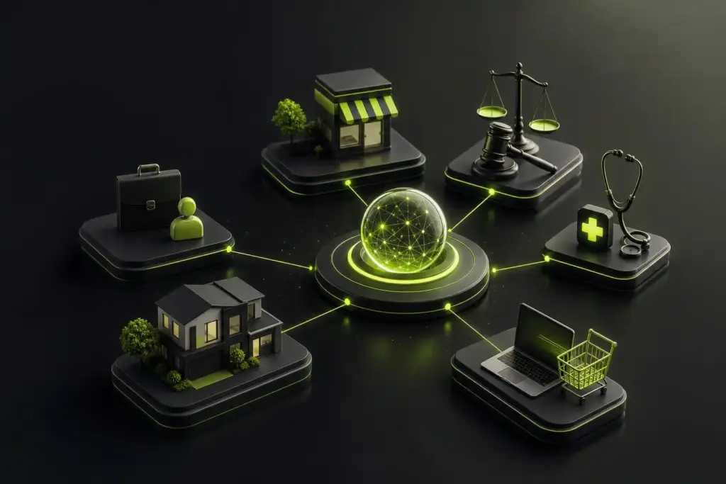 Glowing central AI sphere connected to business, legal, healthcare, retail, and office icons