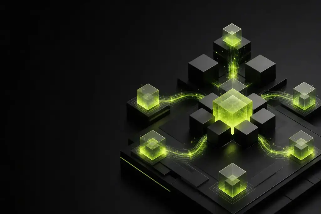 Glowing green data streams connecting transparent cubes on a dark circuit-like platform