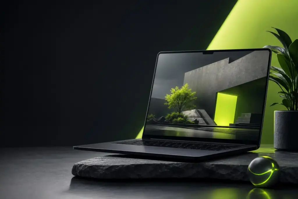Laptop displaying a minimalist black and neon-green architectural scene beside a potted plant
